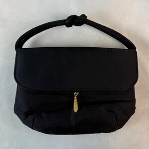 Vintage 50s Crown Lewis Black & Gold Metal Crystal Pull Lock Satin Handbag Purse